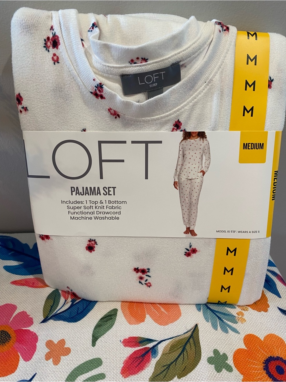 LOFT White Pajama Set with Pink and Red Floral Print